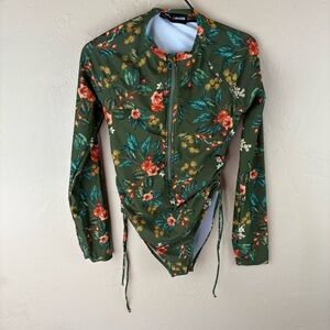 JACK SMITH Women One Piece Swimsuit Zipper Long Sleeve Rash Guard Floral Medium